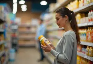 A mom carefully reading a baby formula label in a store