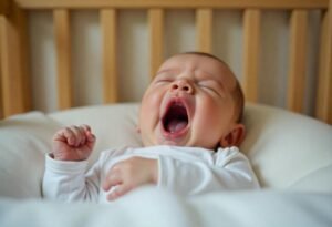 Baby yawning in a crib, indicating a sleepy cue