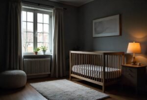 Cozy nursery with blackout curtains, crib, and white noise machine