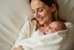 Image of a parent swaddling a baby with a soft blanket, smiling calmly