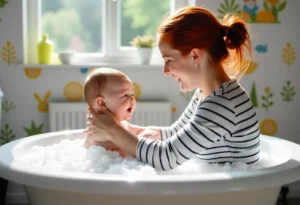 Smiling mom washing newborn’s hair with gentle shampoo in a cozy bath, showing care.