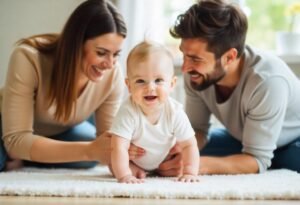 family-smiling-and-playing-with-baby-on-a-mat-celebrating-a-milestone
