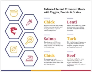 trimester meal plate with fruits, veggies, proteins, and grains for optimal nutrition